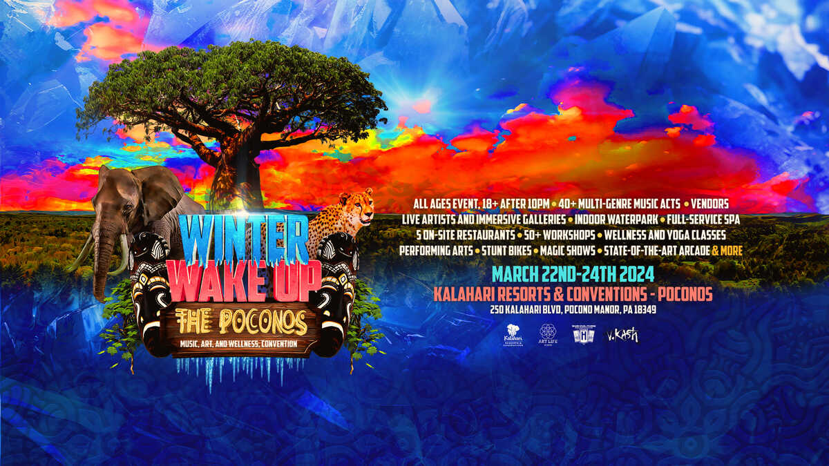 A blue, red and gold landscape sets the backdrop for the Winter Wake Up - The Poconos Logo. A Large Baobab tree surrounded by Safari animals - Elephant and Cheetah. The Winter Wake Up Logo is in bold blue, red and gold font, with Music, Art and Wellness Convention underneath it. Two large African masks adorn the scene. To the right is a description of the event.