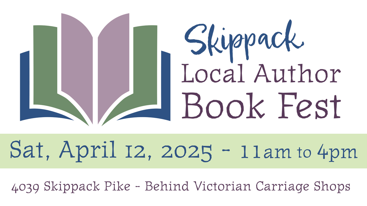 An illustration of a book with the words Skippack Book Fest, April 12, 2025 from 11 am to 4 pm, located at 4039 Skippack Pike.